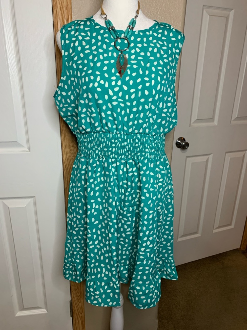 ABSTRACT DOT Teal & White Smocked-Waist Mini Dress - Picture 3 of 6